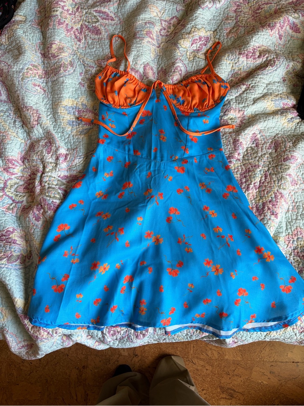 Blue & Orange Floral sculpted sun Dress
